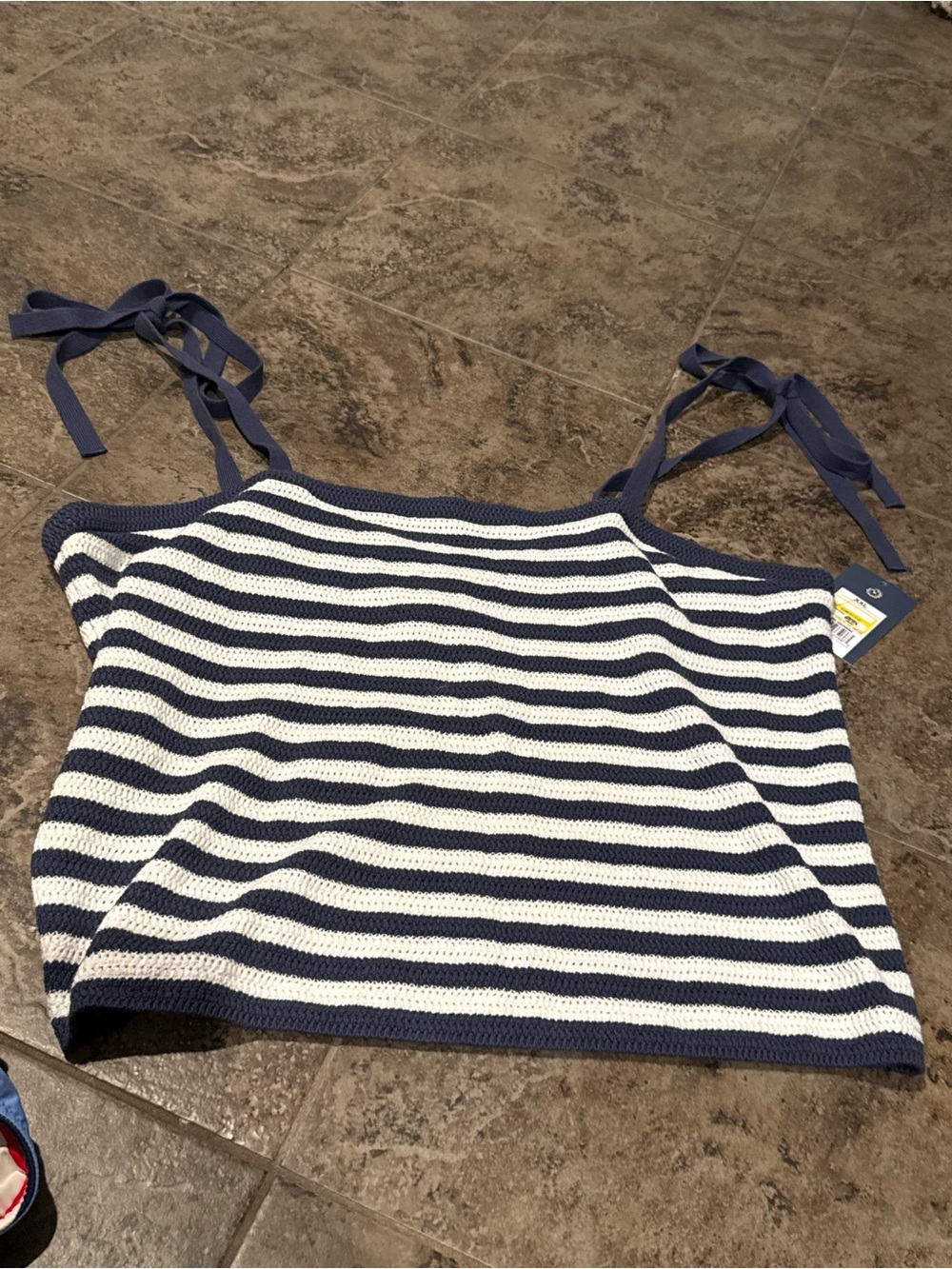 🫑Striped Knit Tie-Shoulder Tank Top - Navy & White